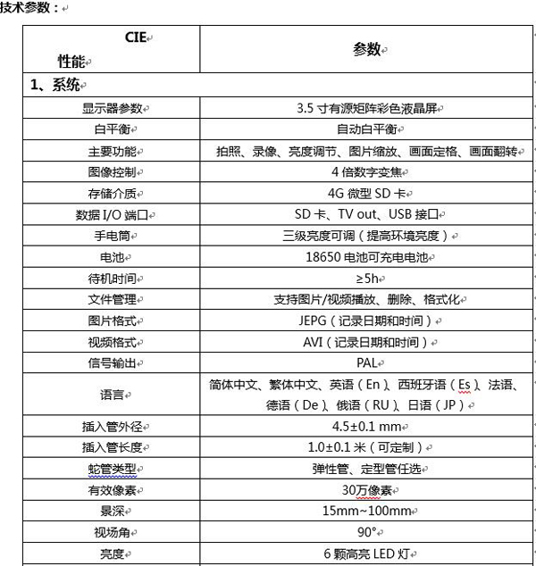 CIE便攜式汽修內窺鏡圖像控制、數據I/O接口、插入管外徑、長度等主要性能技術指標